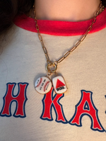 Load image into Gallery viewer, Noah Kahan 2026 Fenway Baseball &amp; Citgo Sign Charms on Large Gold Paperclip Chain w/ Attached Carabiner
