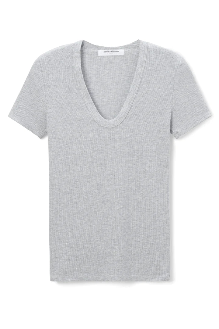 Avril Ribbed U-Neck Short Sleeve Tee in Heather Grey