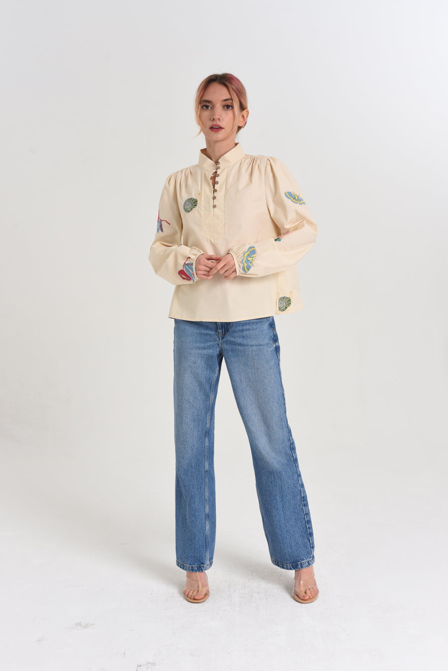 Emmy Embroidered Parkscape Top in Cream