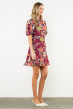 Load image into Gallery viewer, Puff Sleeve Floral Dress in Burgundy
