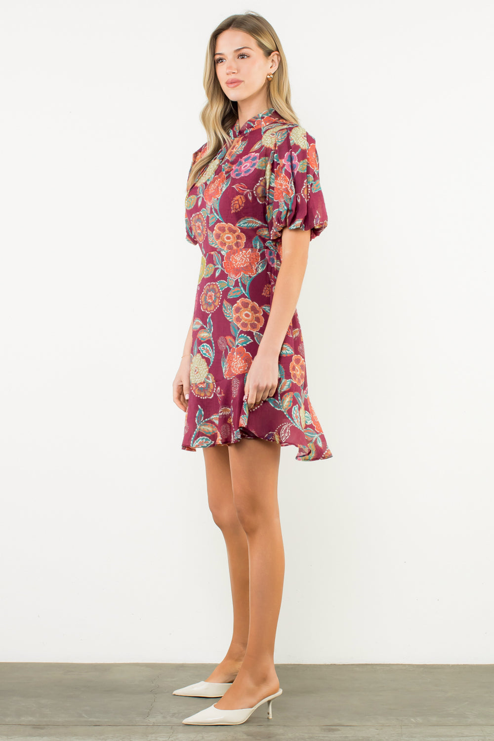 Puff Sleeve Floral Dress in Burgundy