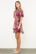 Load image into Gallery viewer, Puff Sleeve Floral Dress in Burgundy
