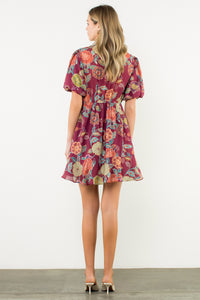 Puff Sleeve Floral Dress in Burgundy