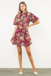 Puff Sleeve Floral Dress in Burgundy