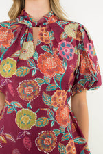 Load image into Gallery viewer, Puff Sleeve Floral Dress in Burgundy
