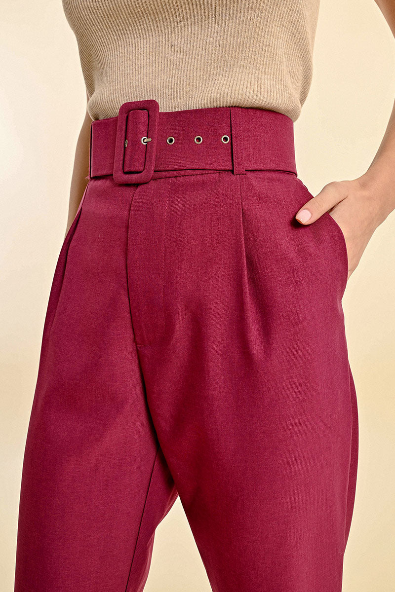 Belted Straight Leg Trouser in Purple