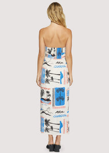 Azure Paradiso Strapless Maxi Dress in Cream/Blue Multi