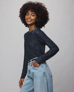 Cecelia Floral Long Sleeve Top in Ice Navy
