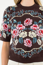 Load image into Gallery viewer, Short Sleeve Flower Knit Sweater in Brown
