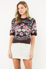 Load image into Gallery viewer, Short Sleeve Flower Knit Sweater in Brown

