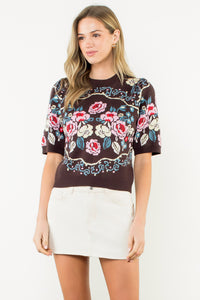 Short Sleeve Flower Knit Sweater in Brown