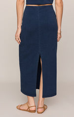 Load image into Gallery viewer, Gail Jersey Denim Midi Skirt in Indigo
