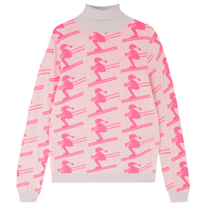 All Over Cashmere Ski Roll Neck in Fog and Neon Pink