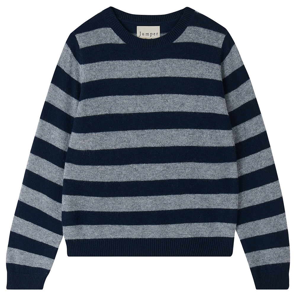 Cashmere Stripe Crew in Navy/Mid Grey