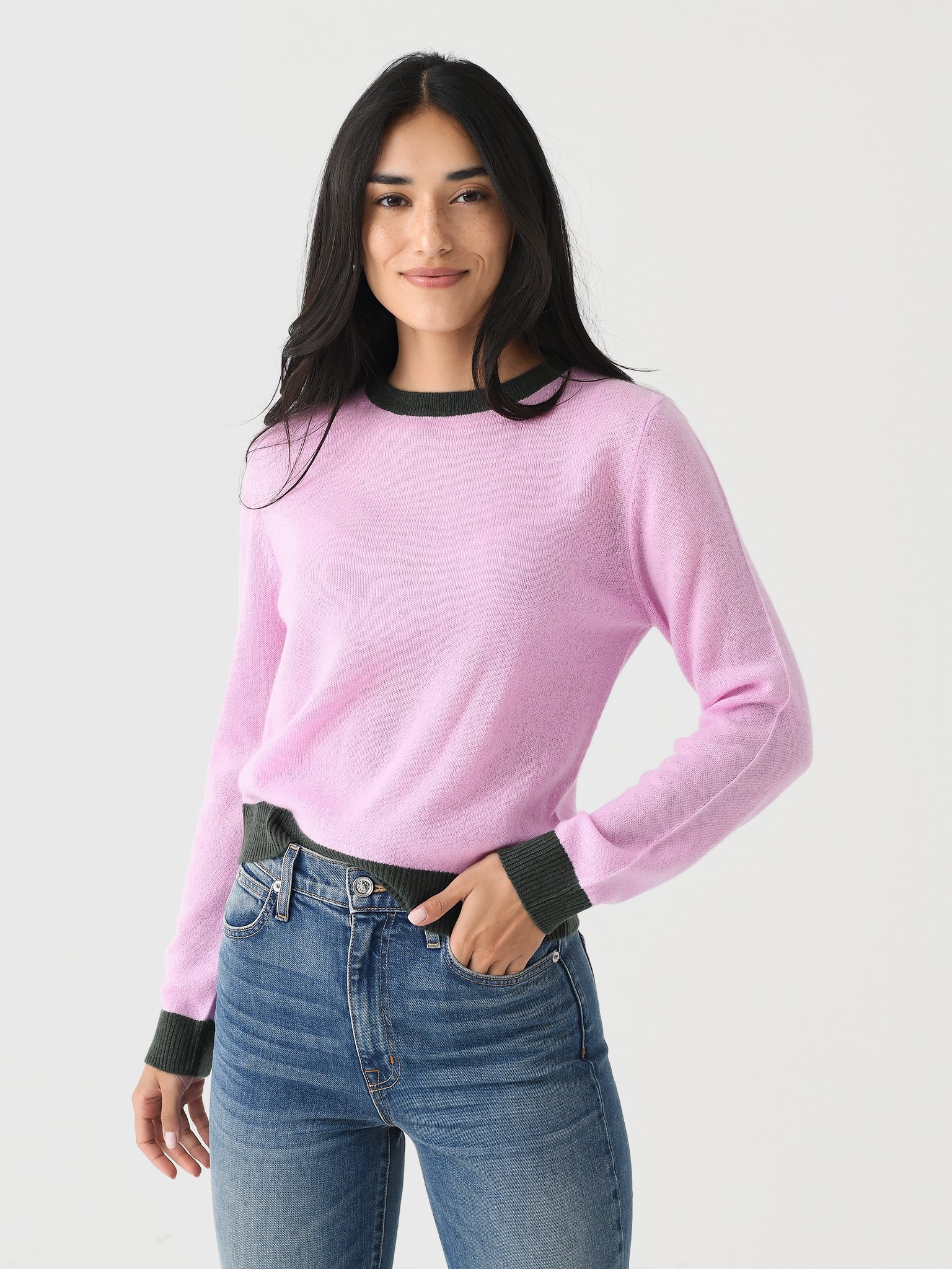 Contrast Crew Sweater in Rose/Khaki