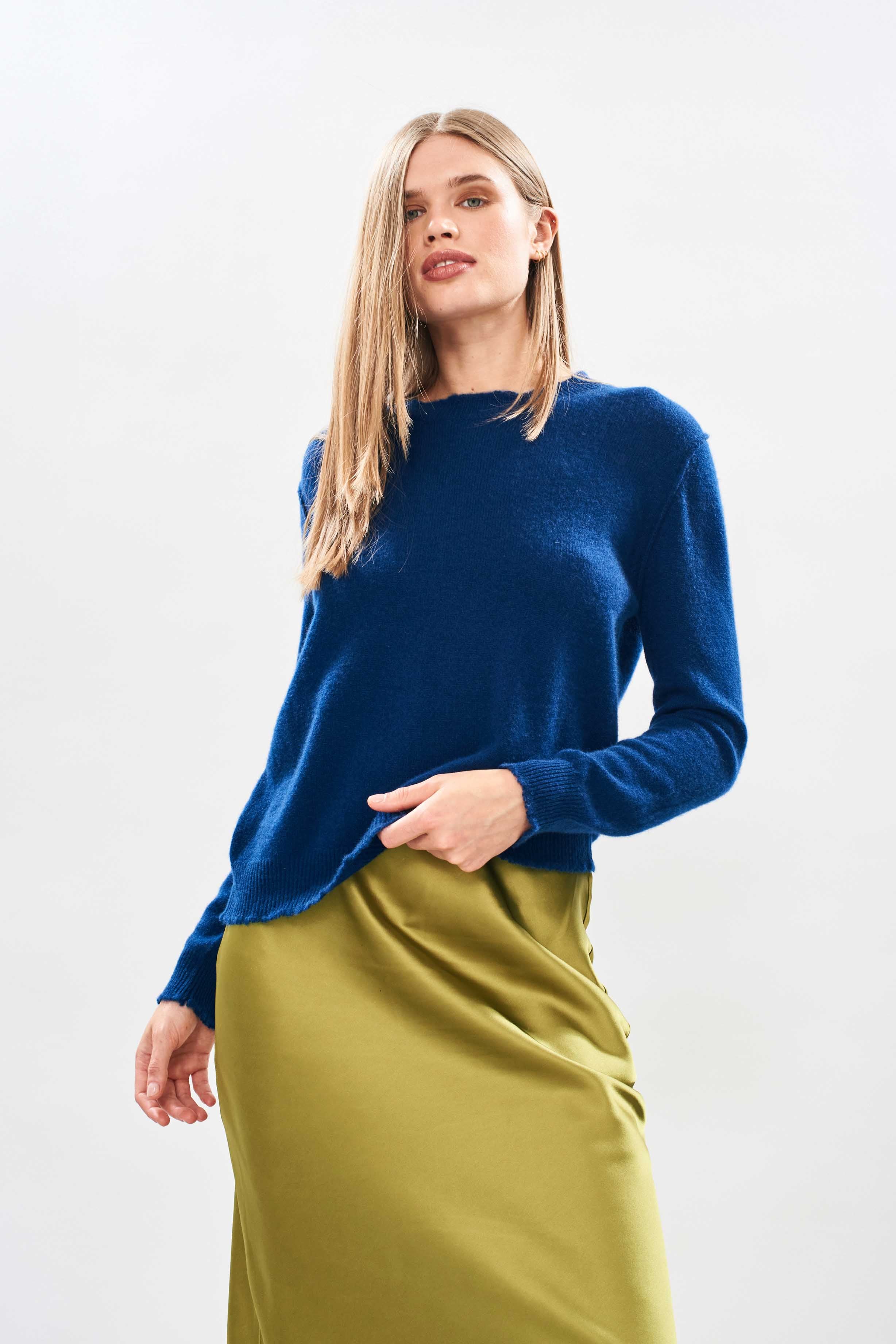 Cashmere Distressed Crew in Dark Denim