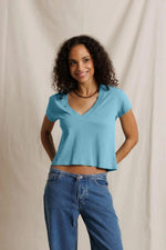 Load image into Gallery viewer, Alanis Recycled Cotton V-Neck Tee in Milky Blue
