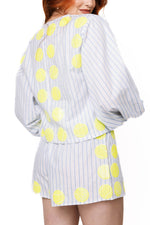 Load image into Gallery viewer, Tennis Ball Tie-Front Top in White &amp; Blue Stripes
