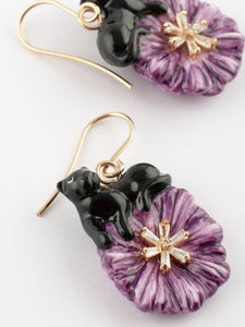 Black Panther on Purple Aster Flower Pendant Earrings