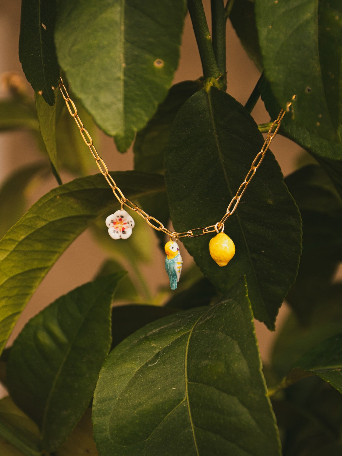 Blue Bird, Lemon & Flower Necklace