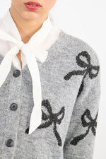 Load image into Gallery viewer, Sequin Bow Cardigan Sweater in Ash Dark Grey
