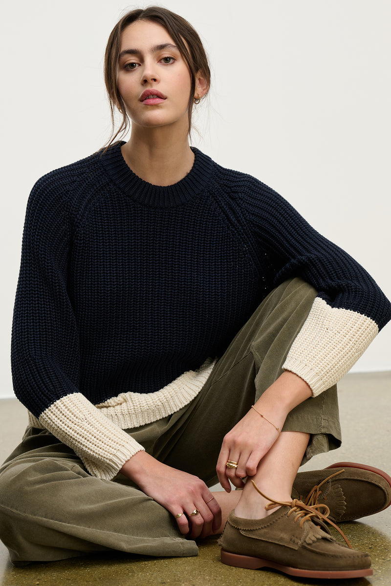 Shay Colorblock Crew Sweater in Navy