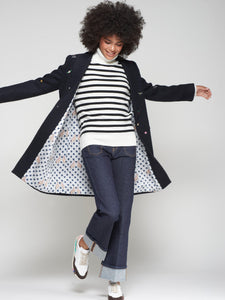 Aricia Mini Embroidery Wool Long Coat in Navy