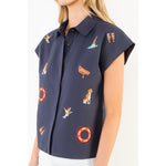 Load image into Gallery viewer, Short Sleeve Button Up Sailing Top in Navy
