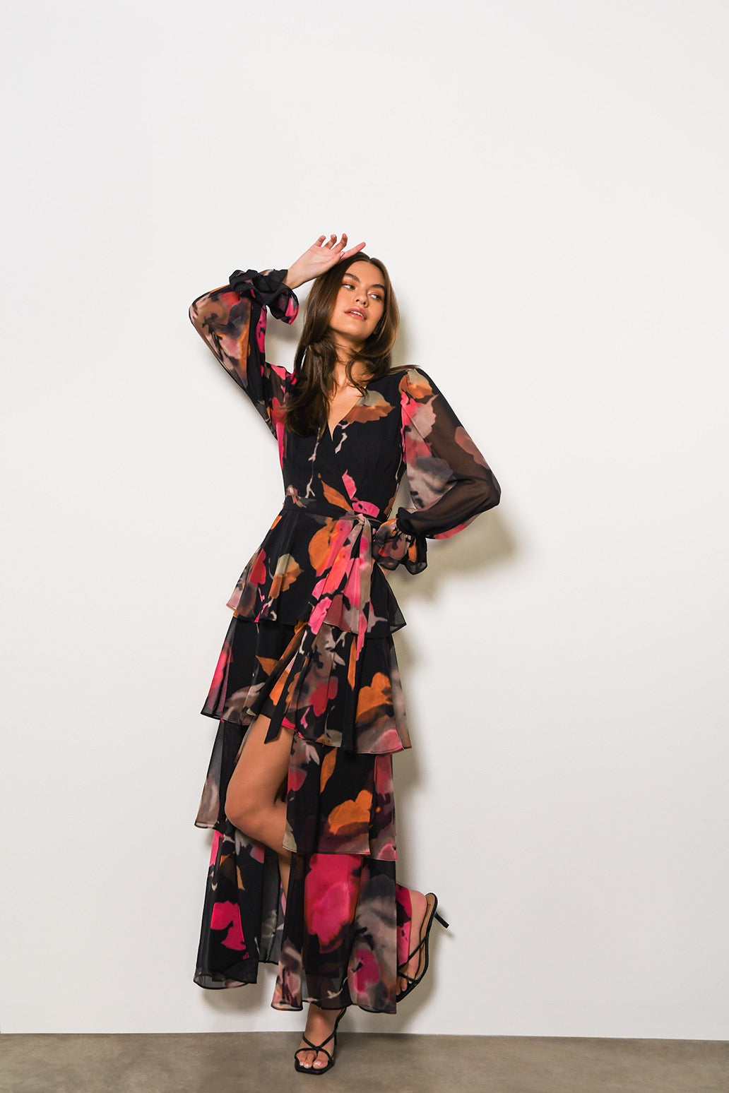 Bardot Wrap Dress in Black Romantic Watercolor