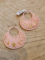 Load image into Gallery viewer, Raffia Half Moon Earrings with Gold Flecks in Pink
