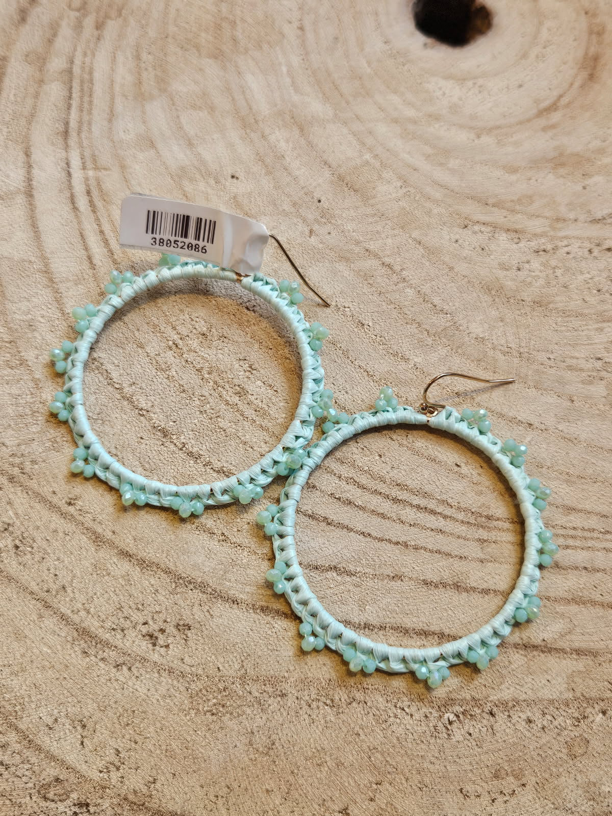 Woven Hoops with Small Beads in Mint