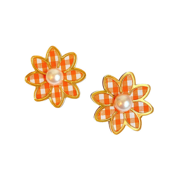 Orange Gingham Daisy Statement Studs