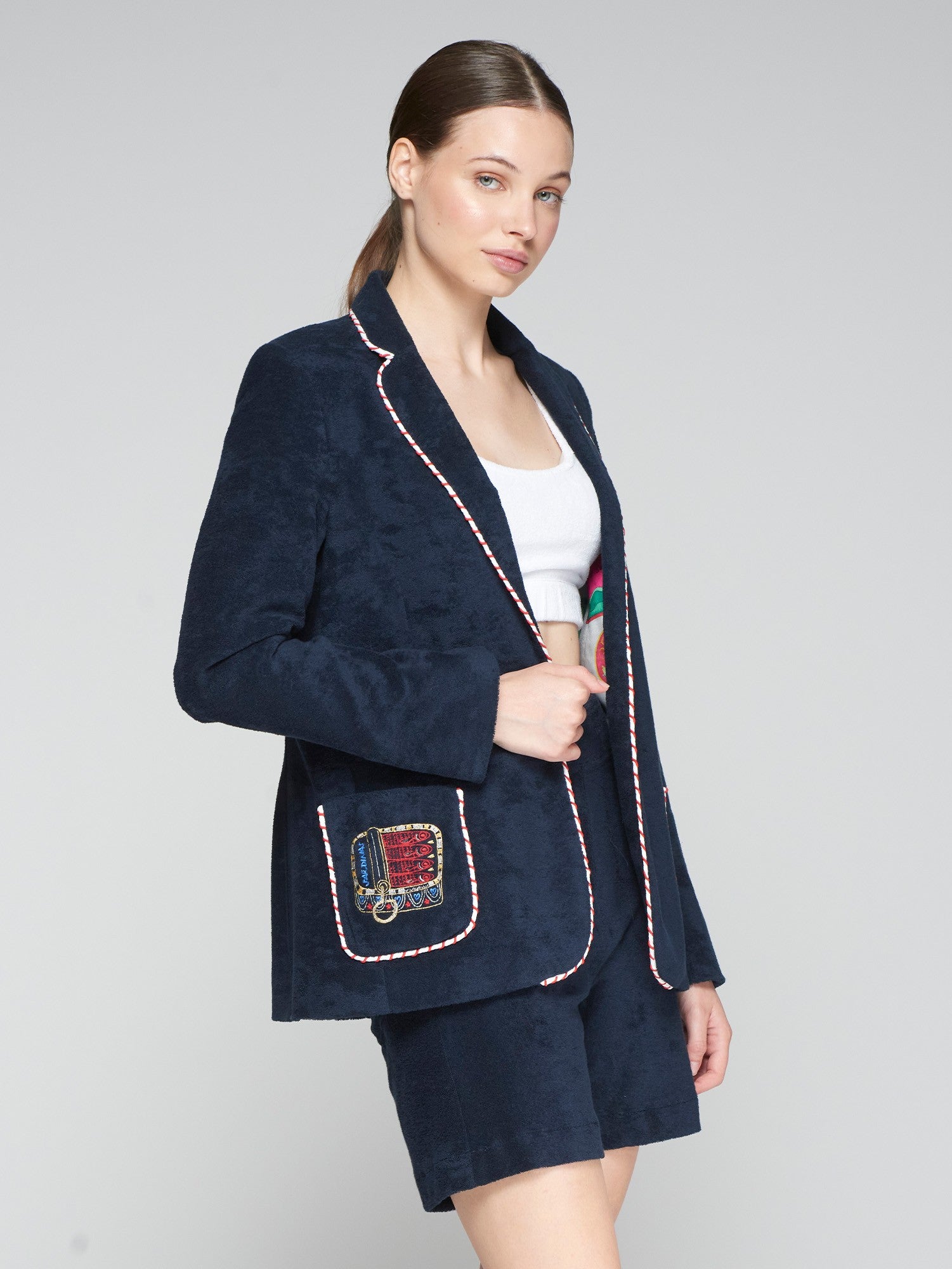 Riva Embroidered Terry Jacket in Azul Marino Felpa