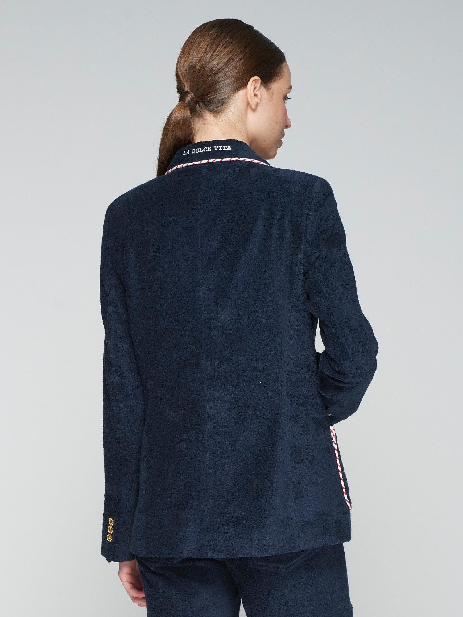 Riva Embroidered Terry Jacket in Azul Marino Felpa