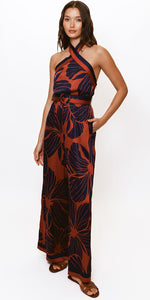 Load image into Gallery viewer, Woodson Jumpsuit in Copper Block Print Plumeria
