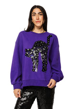Load image into Gallery viewer, Flower Cat Sweatshirt in Purple and Black Sequin
