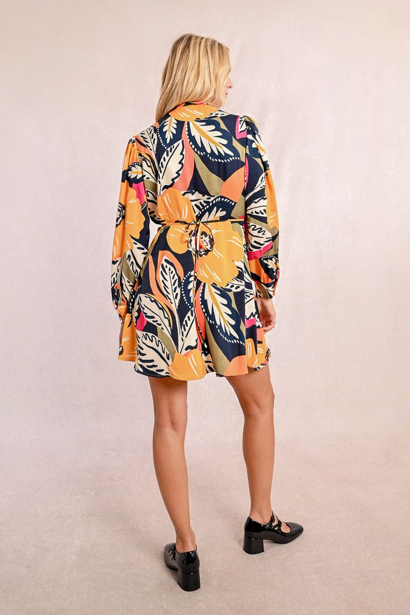 Tropical Floral Mini Wrap Dress in Mango Yellow Jane