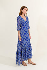 Load image into Gallery viewer, Printed Wrap Dress in Blue Mathilde
