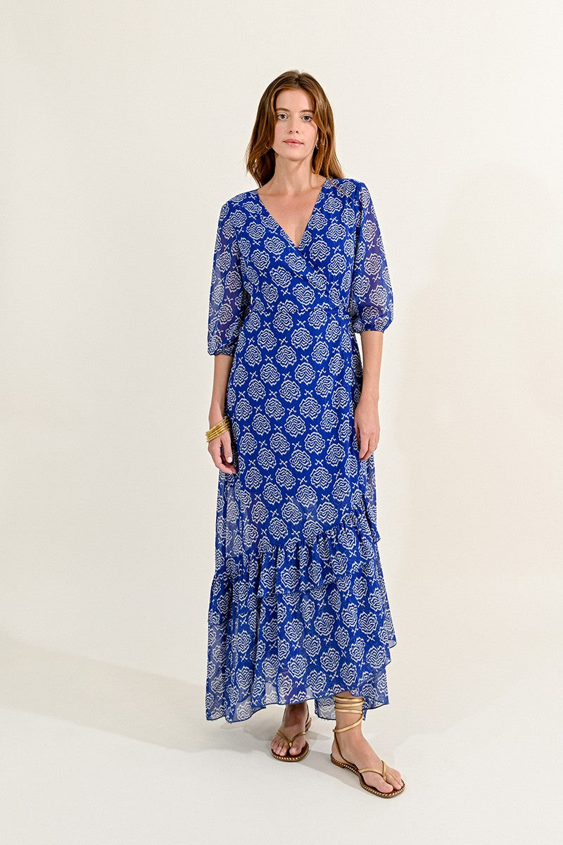 Printed Wrap Dress in Blue Mathilde