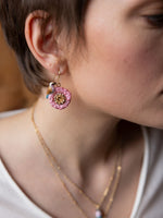 Load image into Gallery viewer, Pink &amp; Blue Bird on Thistle Flower Pendant Earrings
