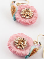 Load image into Gallery viewer, Pink &amp; Blue Bird on Thistle Flower Pendant Earrings
