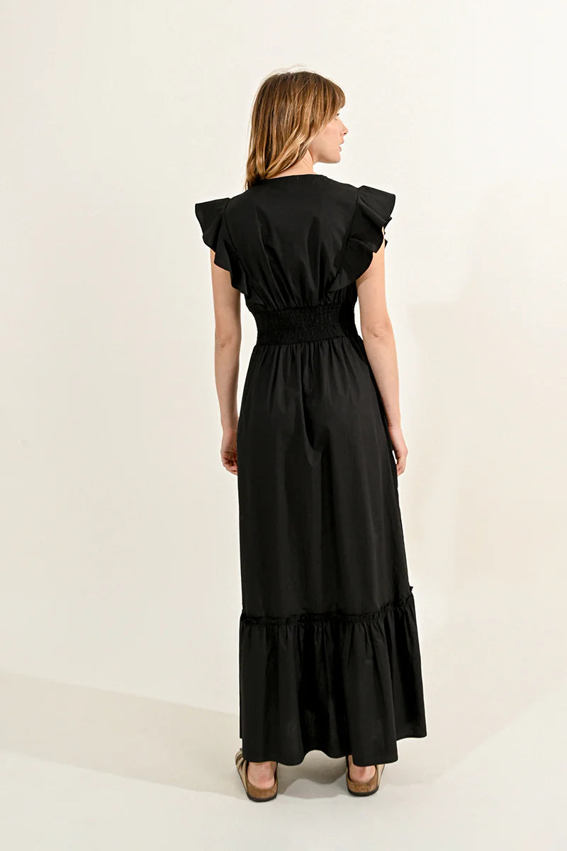 Ruffle V Neck Maxi Dress in Black