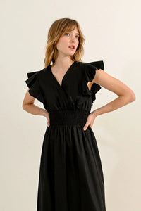 Ruffle V Neck Maxi Dress in Black