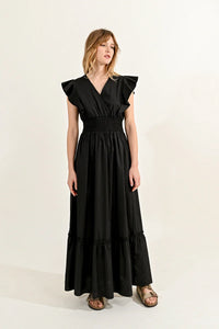 Ruffle V Neck Maxi Dress in Black