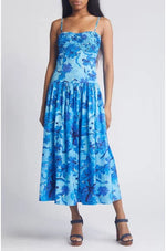 Load image into Gallery viewer, Shirred Midi Dress in Blue Multi
