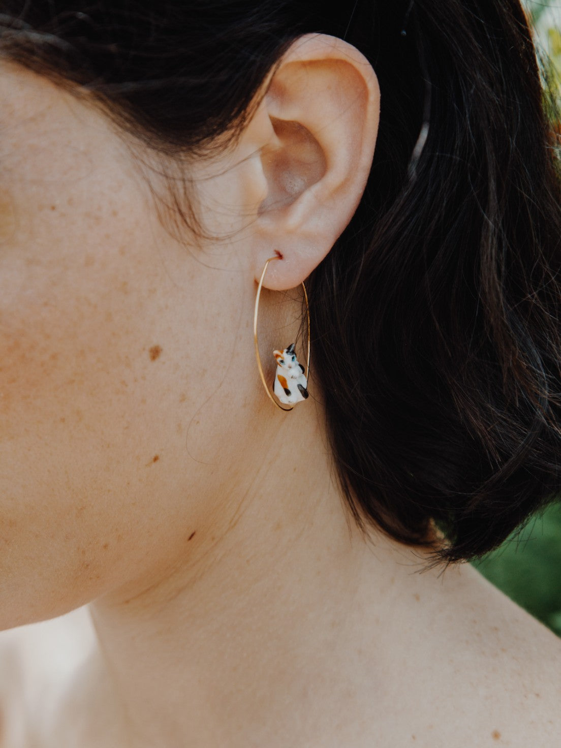 Black, White and Brown Sitting Cat Hoop Earrings