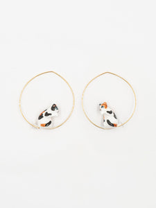 Black, White and Brown Sitting Cat Hoop Earrings