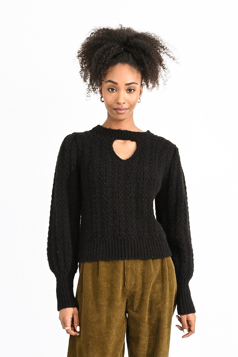 Cable Knit Jumper with Keyhole in Black