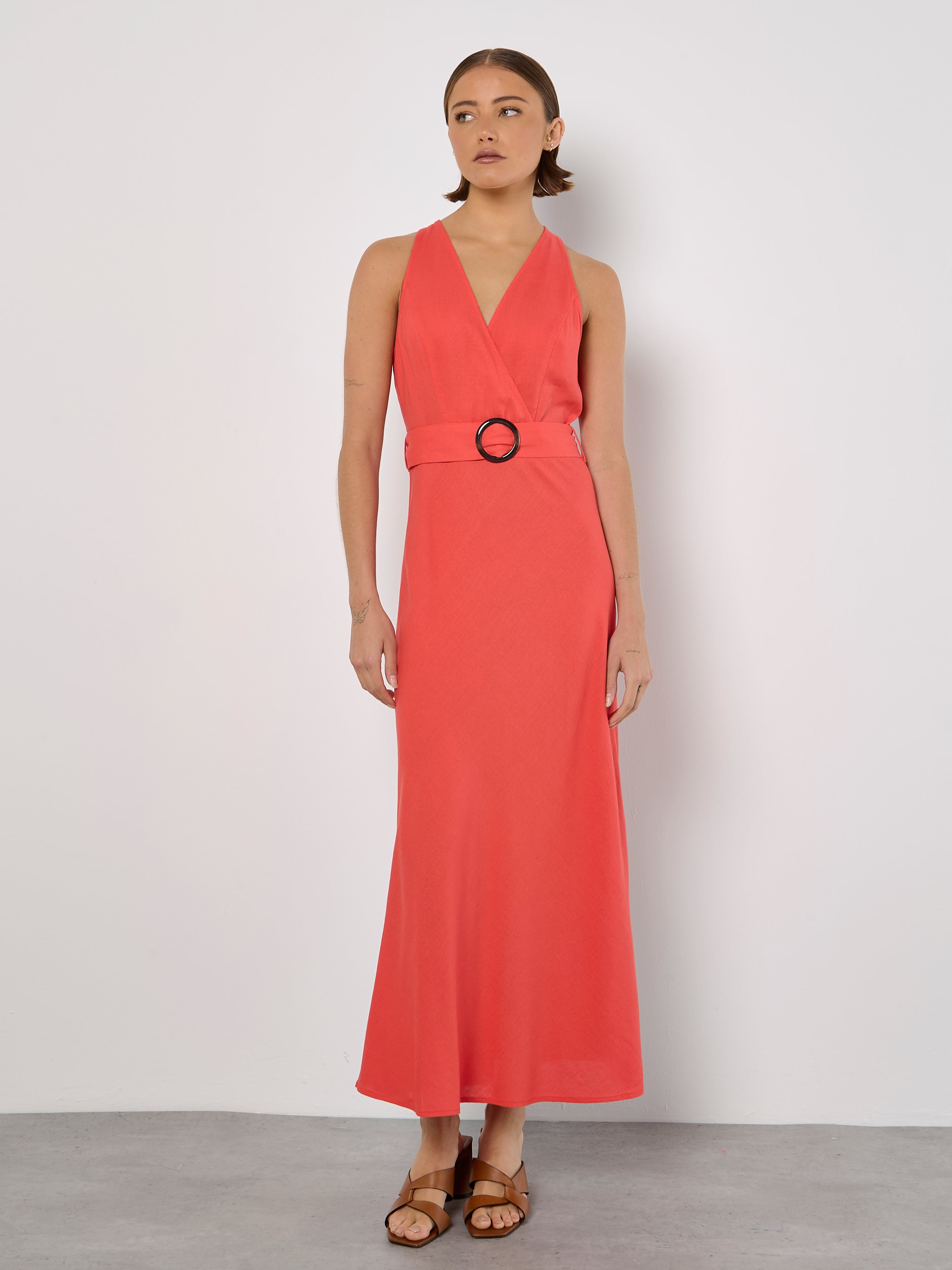 Sleeveless Faux Wrap Midi Dress in Watermelon