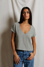 Load image into Gallery viewer, Val Striped V-Neck Tee in Natural/Black
